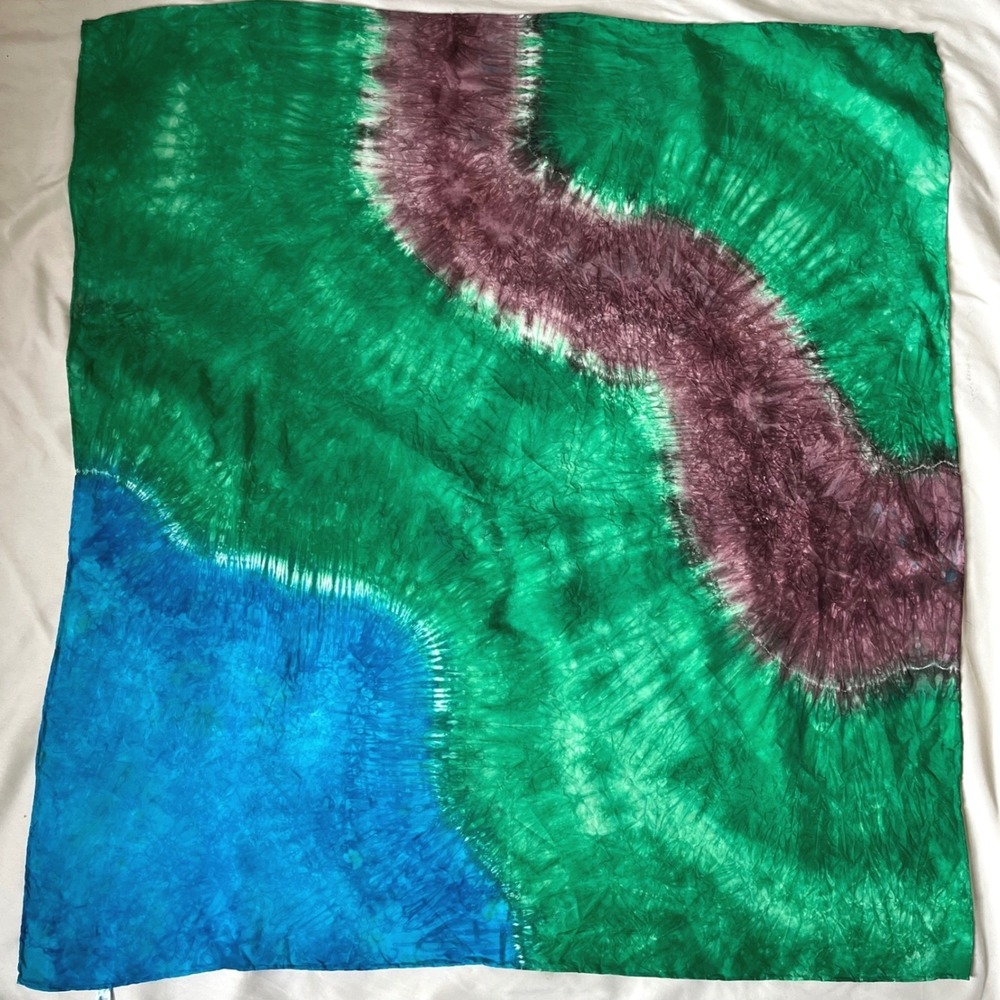 Vintage Silk Scarf Green Blue Abstract Tie Dye Square 34x32